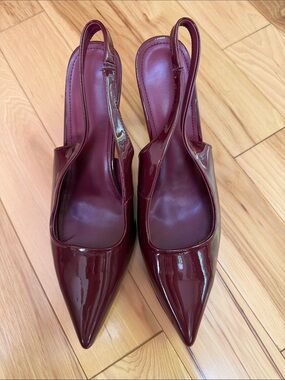 Patent Slingback Pointed-Toe Heels in Burgundy